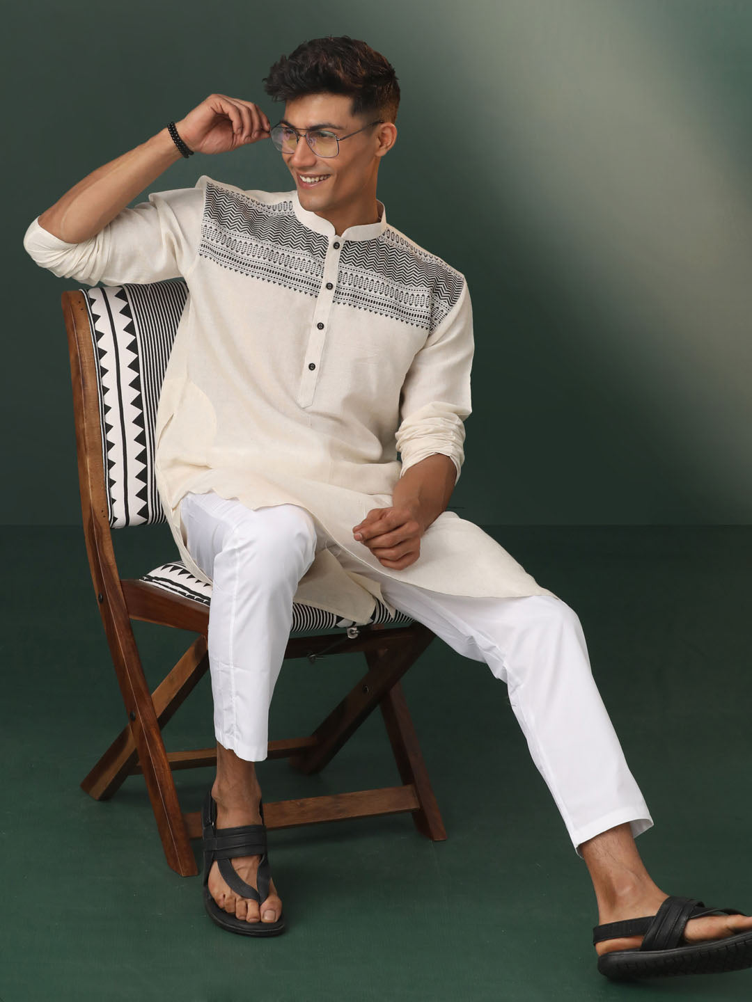 Men's Cream And Black Cotton Kurta