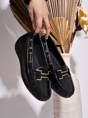 Shoetopia upper Buckle Detailed Black Loafers For Women & Gilrs