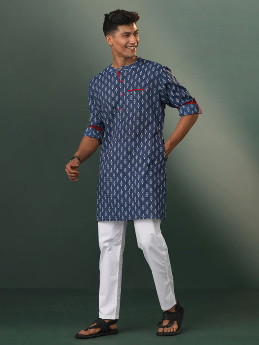 Men's Navy Blue And White Cotton Kurta Pyjama Set