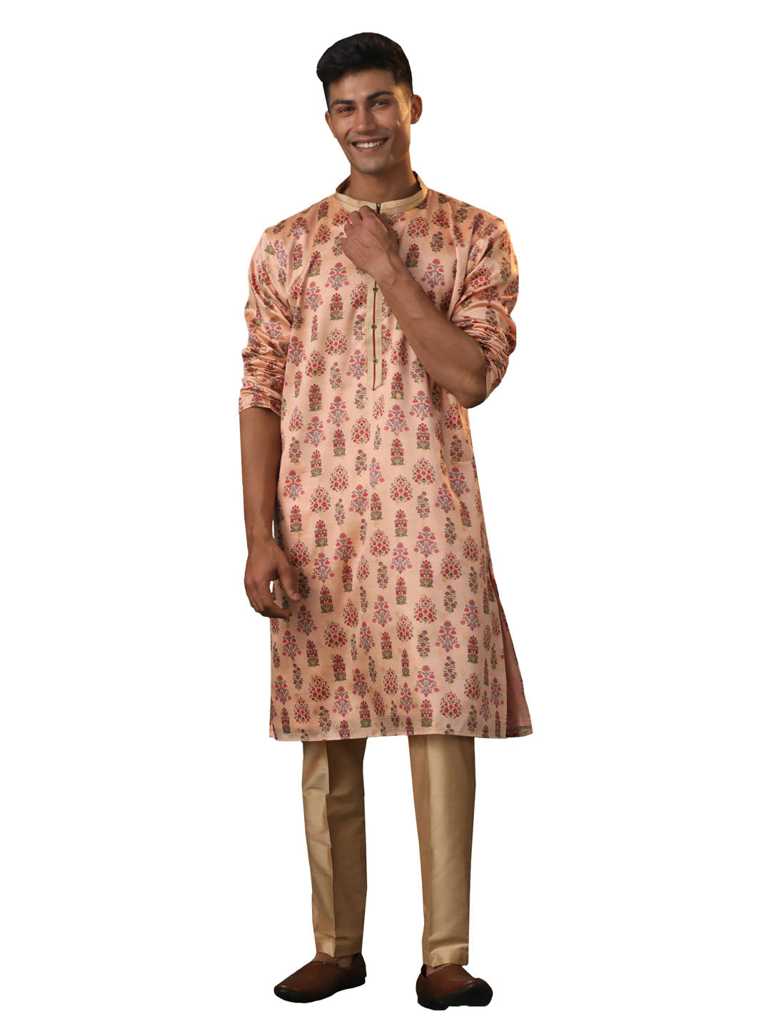 Men's Peach And Rose Gold Silk Blend Kurta Pyjama Set