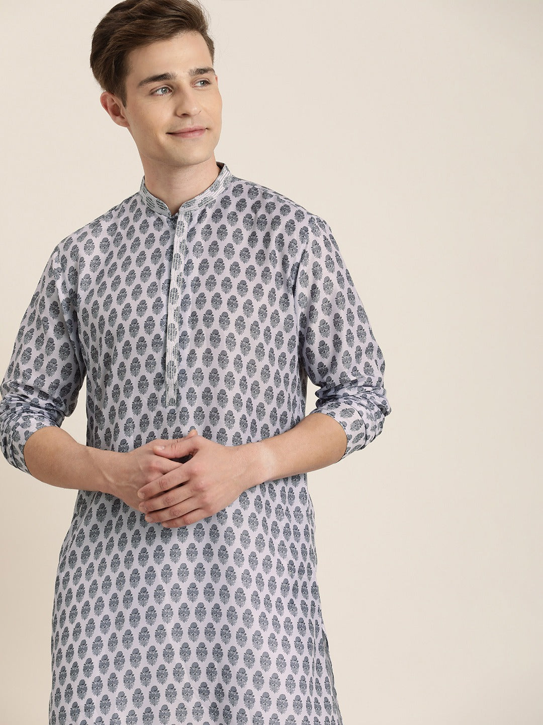 Men's Grey Cotton Blend Kurta