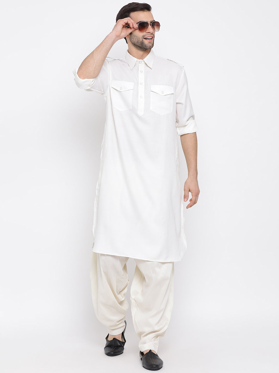 Men's Cream Cotton Blend Pathani Kurta