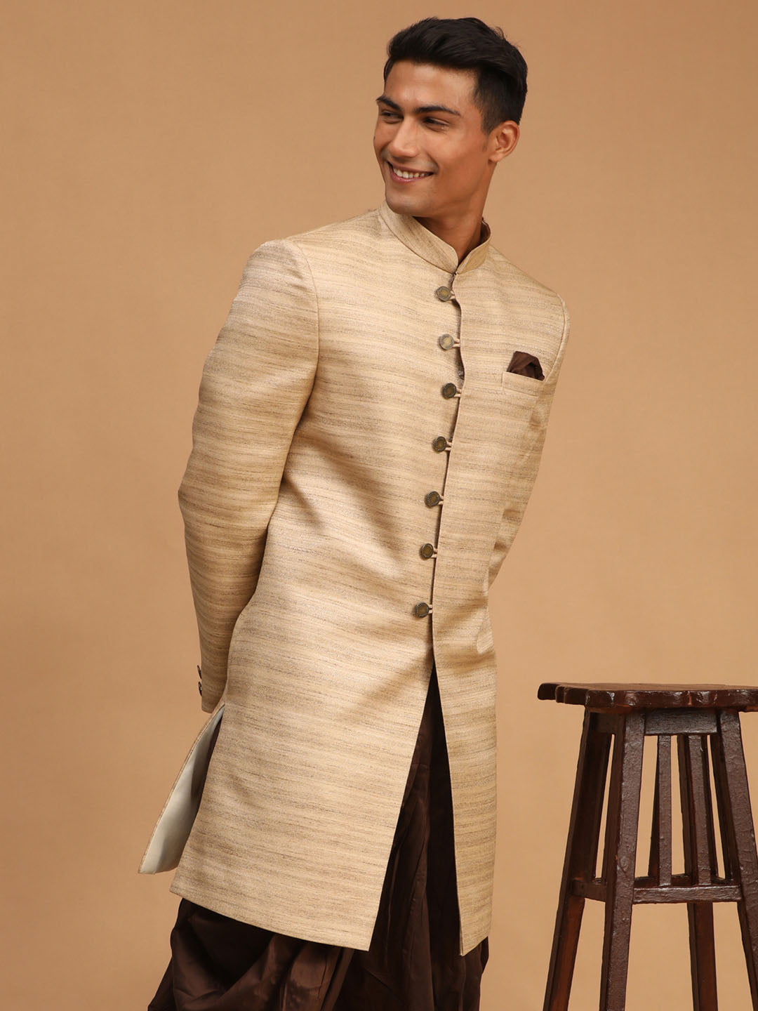 Men's Beige Silk Blend Sherwani Only Top