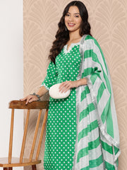 Women Green Bandhani Printed  Neck Embroidered Straight Kurta Paired With Tonal Bottom And Dupatta With Four Sided Scallop Edge