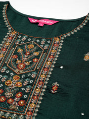 Women Green Three Quater Sleeve Embroidered Kurta Paired With Sharara And Dupatta