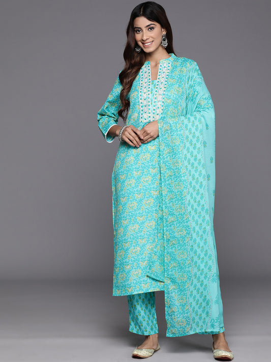 Women Blue Floral Kurta Paired With Bottom & Dupatta