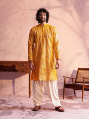 Men's Yellow And Cream Georgette Kurta and Patiala Set