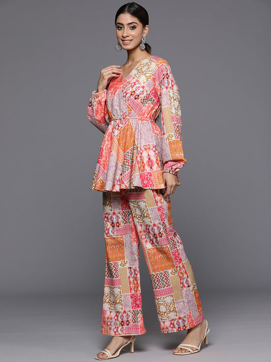 Women Multi Abstract Printed V-Neck Angrakha Style Top Paired With Tonal Printed Flared Bottom