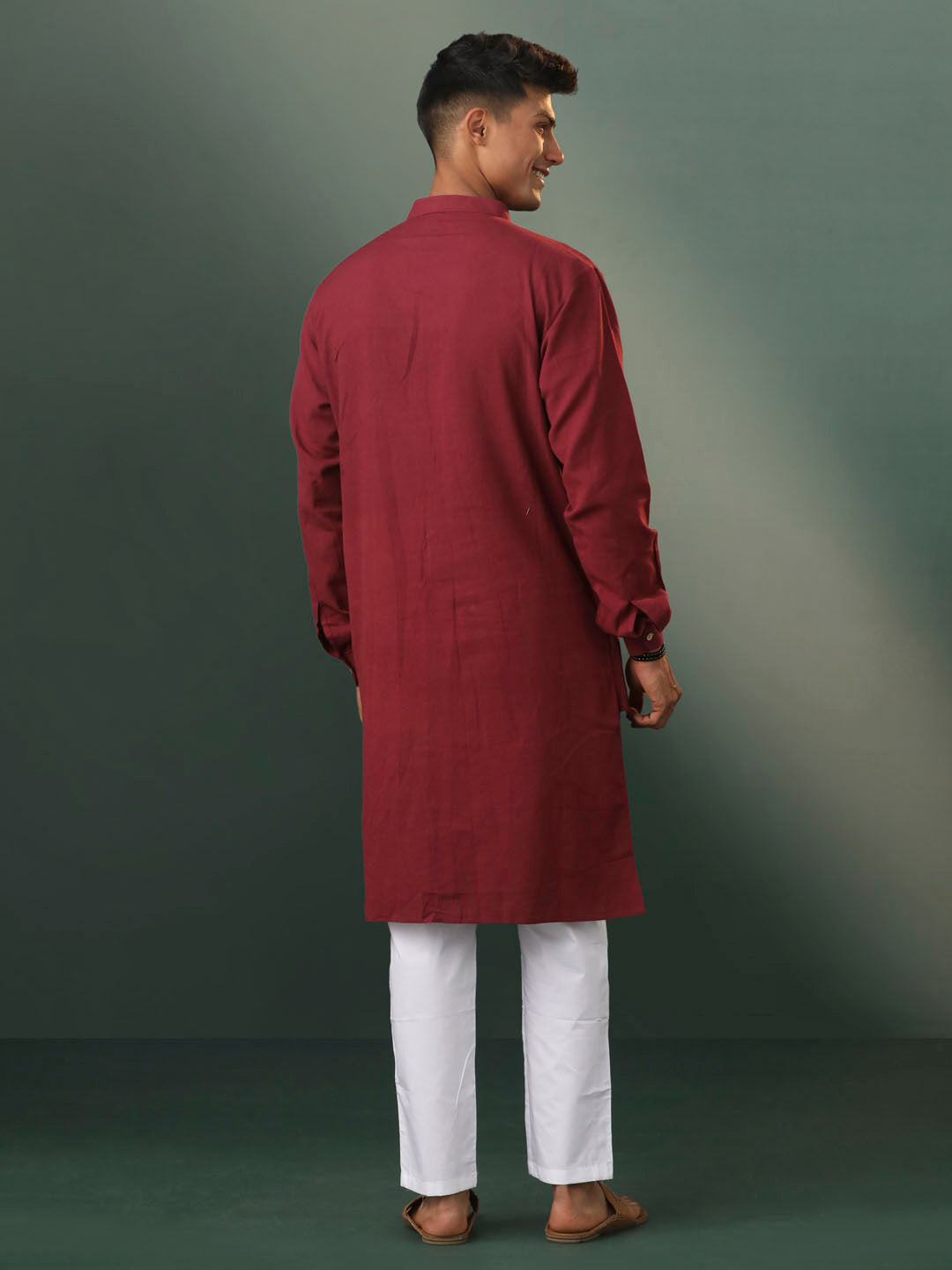 Men's Wine And White Cotton Kurta Pyjama Set