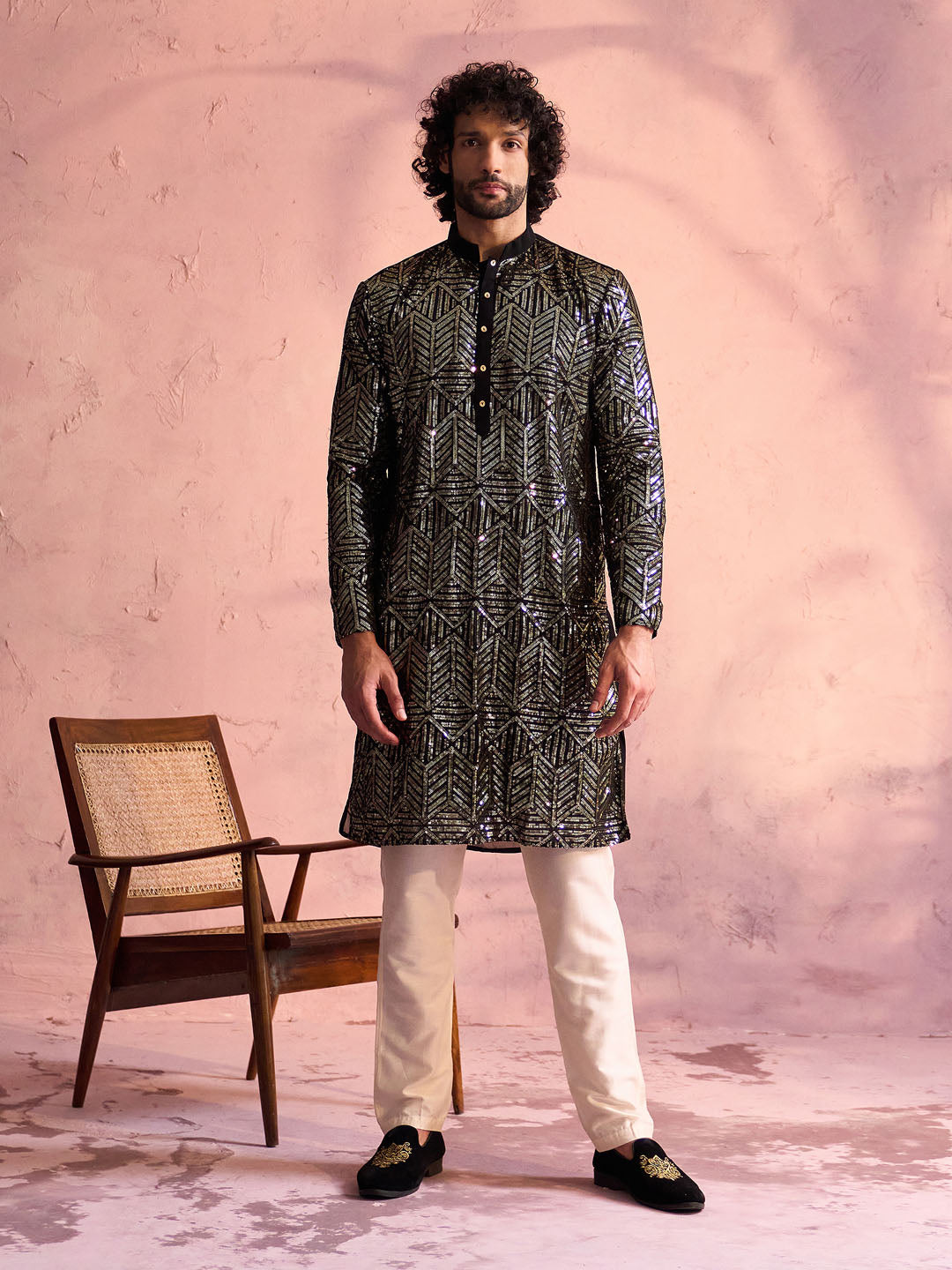 Men's Black And Cream Georgette Kurta Pyjama Set