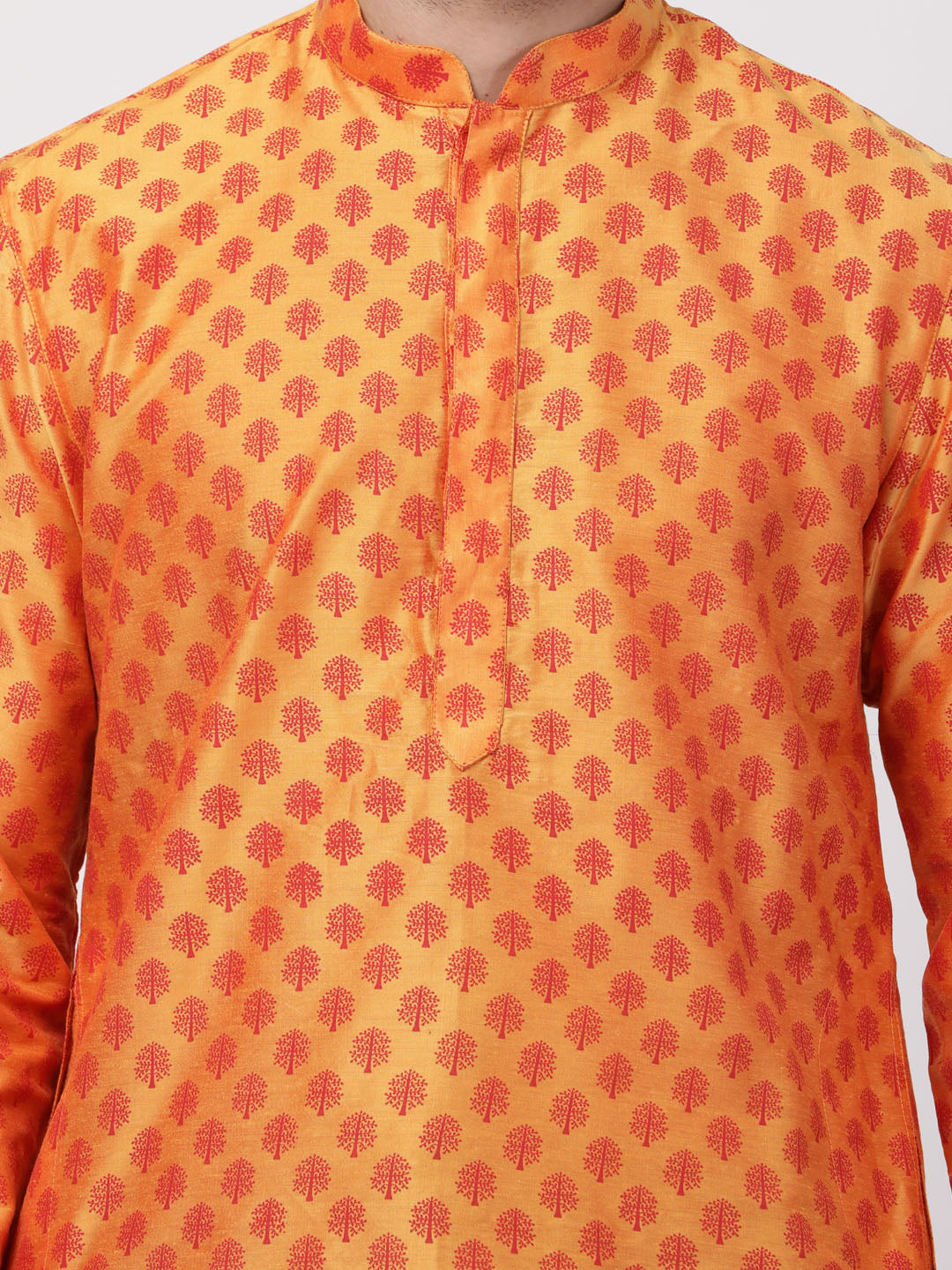 Men Orange Cotton Blend Kurta