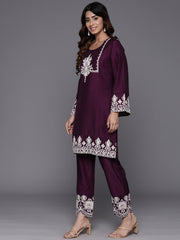 Women Violet Embroidered Short Straight Tunic With Embroidered Bottom