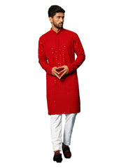 Men's Maroon And White Rayon Cotton Kurta Pyjama Set