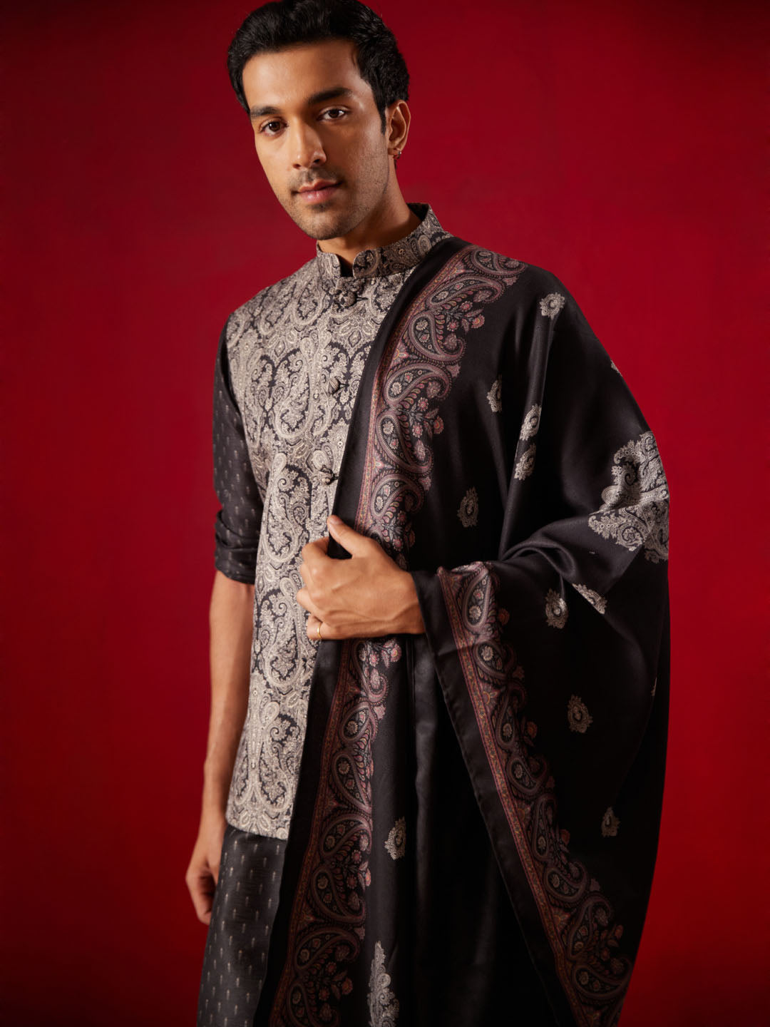 Men's Black Cotton Silk Jacket, Kurta, Pyjama and Dupatta Set