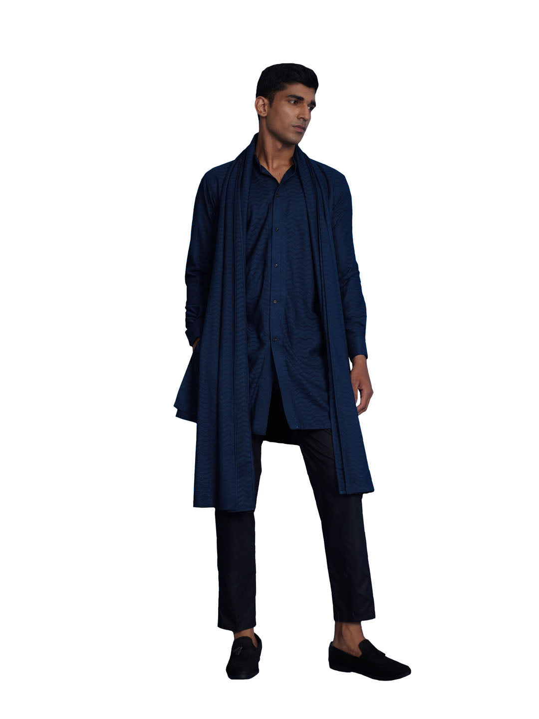 Men's Navy Blue Net Kurta, Pyjama & Dupatta Set