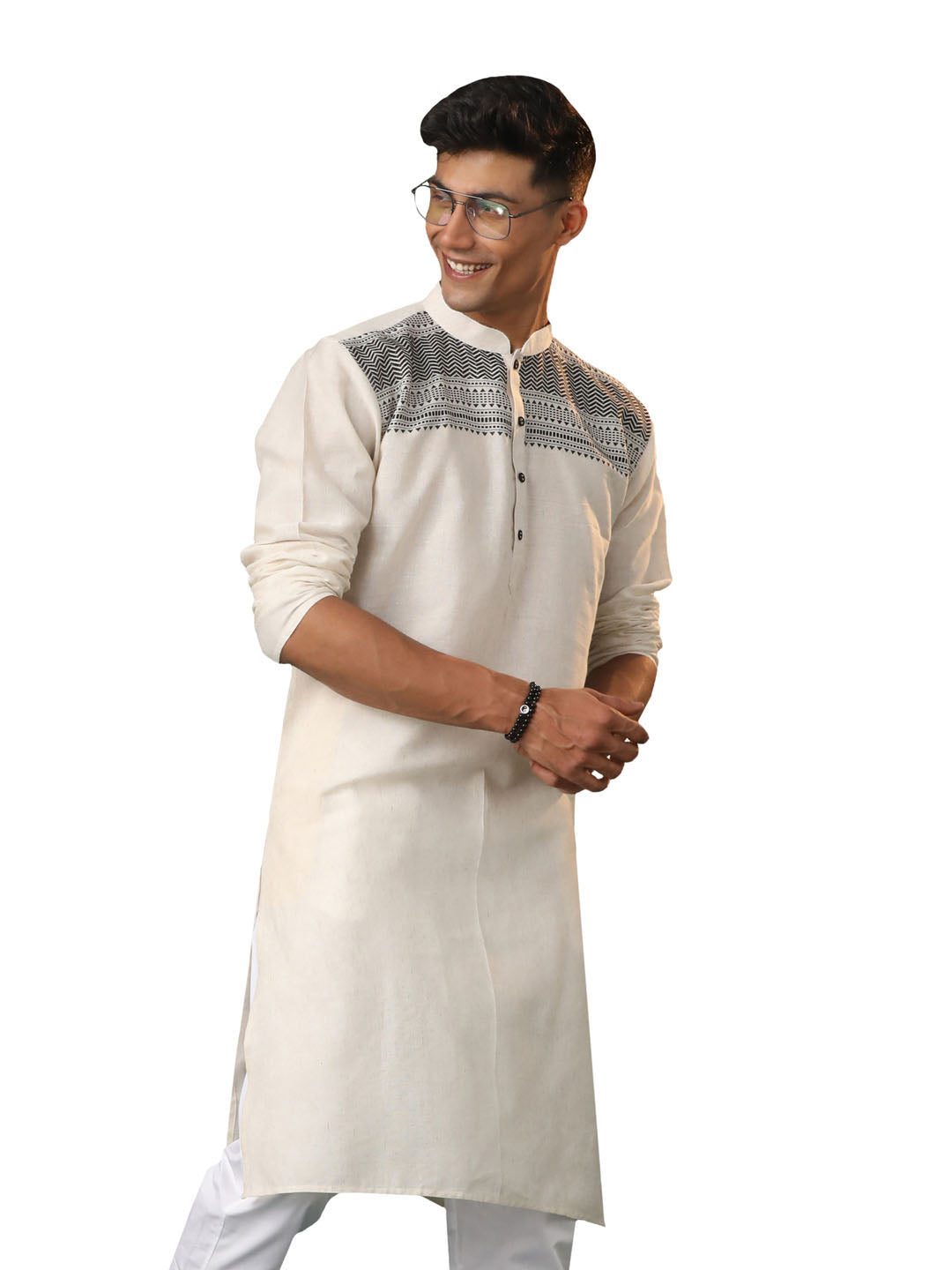 Men's Cream And Black Cotton Kurta