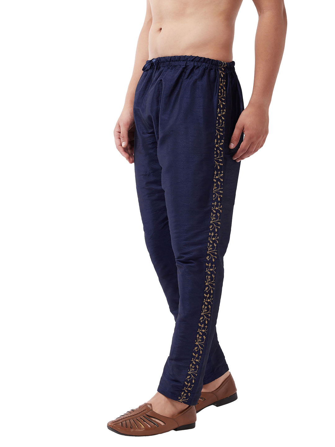 Men's Navy Blue Silk Blend Embroidered Pyjama