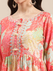 Coral And Sea Green Floral Printed Kurta Sharara Set With Sea Green Mirror Work Dupatta.