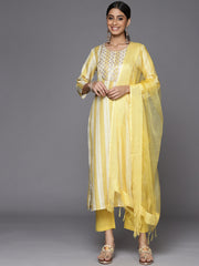 stripe printed embroidered kurta paired with solid straight trouser and dupatta