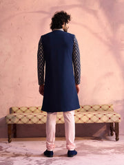 Men's Navy Blue And Pink Viscose Sherwani Set