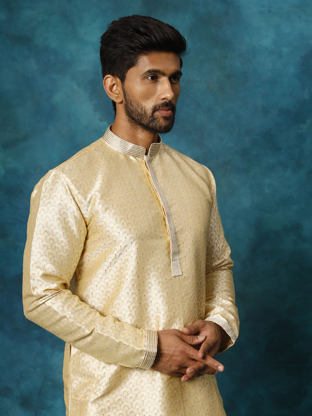 Men's Gold And Rose Gold Silk Blend Kurta Pyjama Set