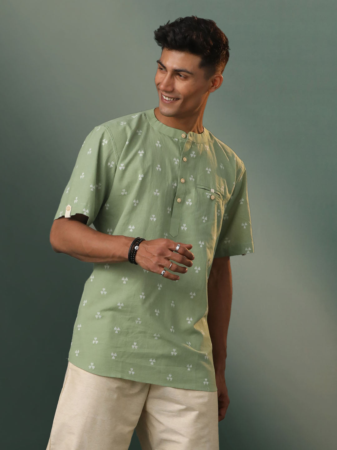 Men's Green Cotton Short Kurta