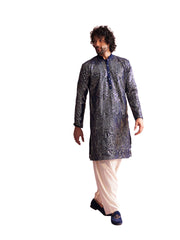 Men's Navy Blue And Cream Georgette Kurta and Patiala Set