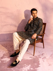 Men's Black And Cream Georgette Kurta and Patiala Set