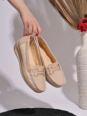 Shoetopia upper Buckle Detailed Beige Loafers For Women & Gilrs