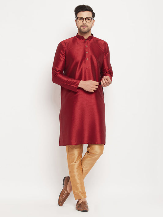 Men's Maroon And Rose Gold Silk Blend Kurta Pyjama Set