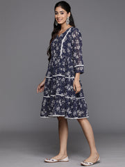 Varanga Women Navy Blue Floral Printed Tiered Dress Embellished With Kingiri Lace, Three Quarter Sleeves