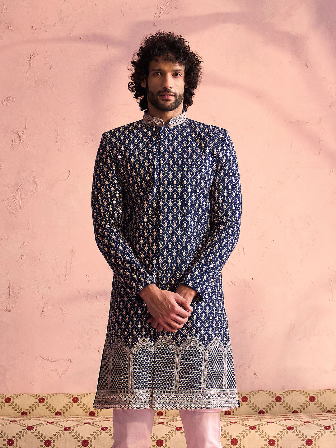 Men's Navy Blue And Pink Georgette Sherwani Only Top