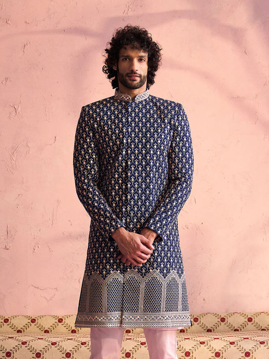 Men's Navy Blue And Pink Georgette Sherwani Only Top