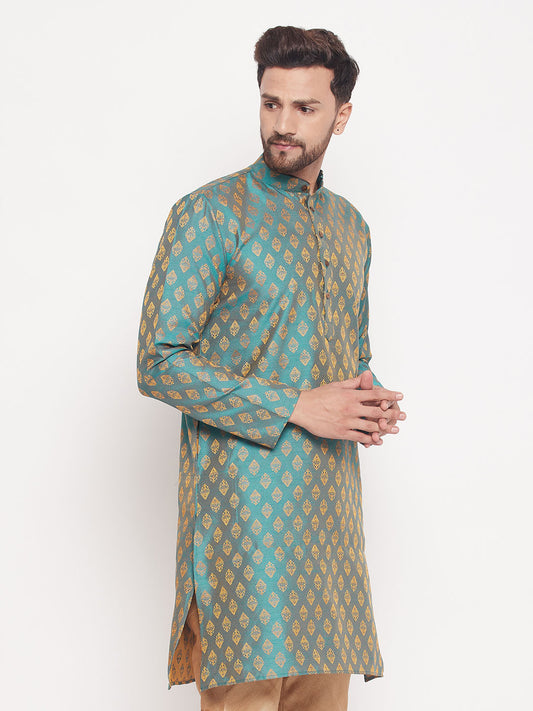 Men Turquoise Silk Blend Kurta