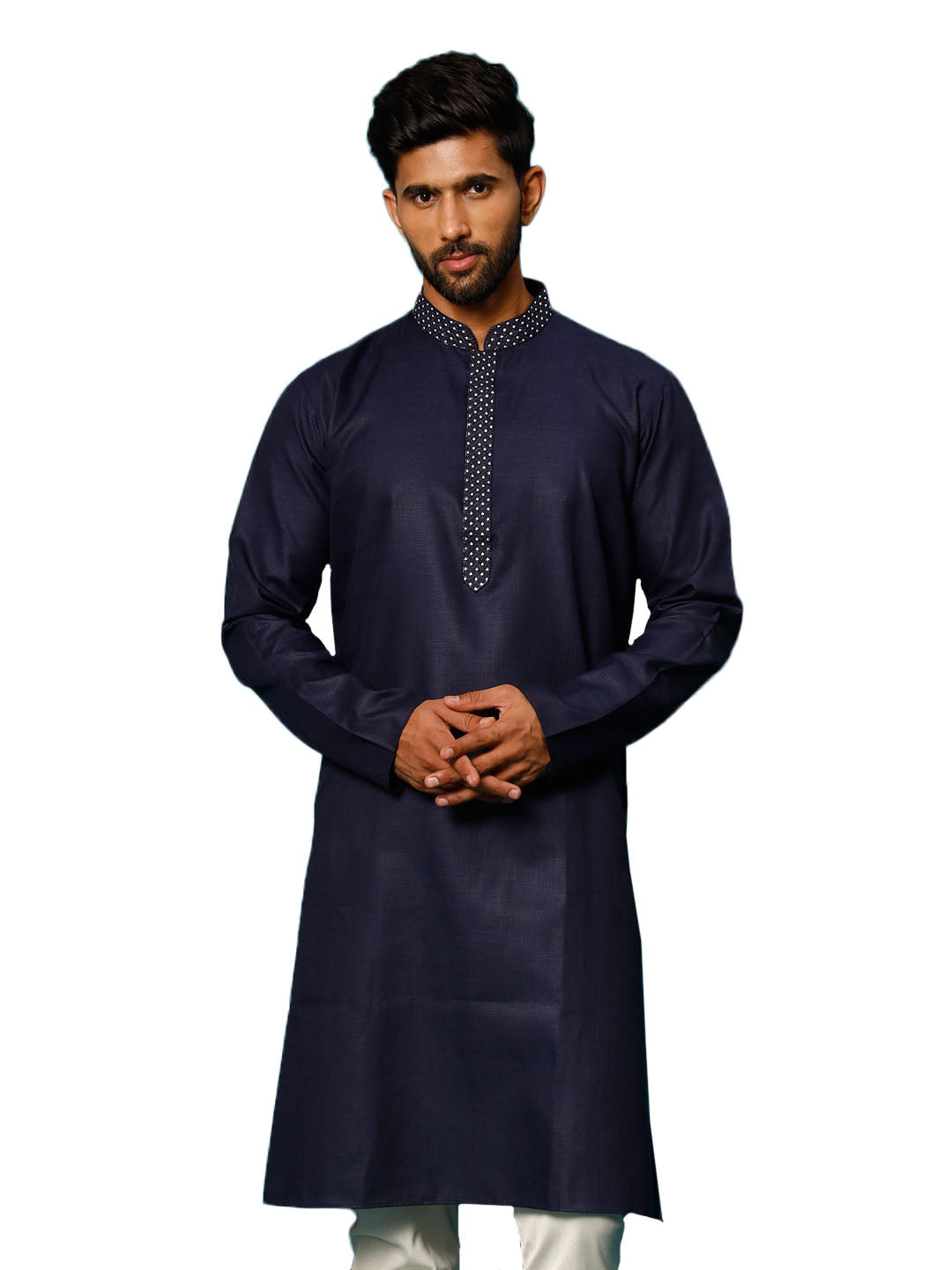 Men's Navy Blue Cotton Blend Kurta