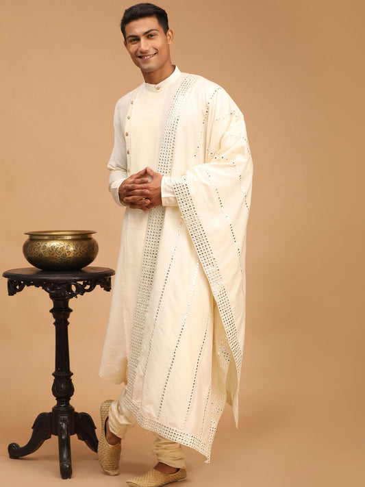 Men's Cream Viscose Blend Kurta Pyjama Set With Dupatta