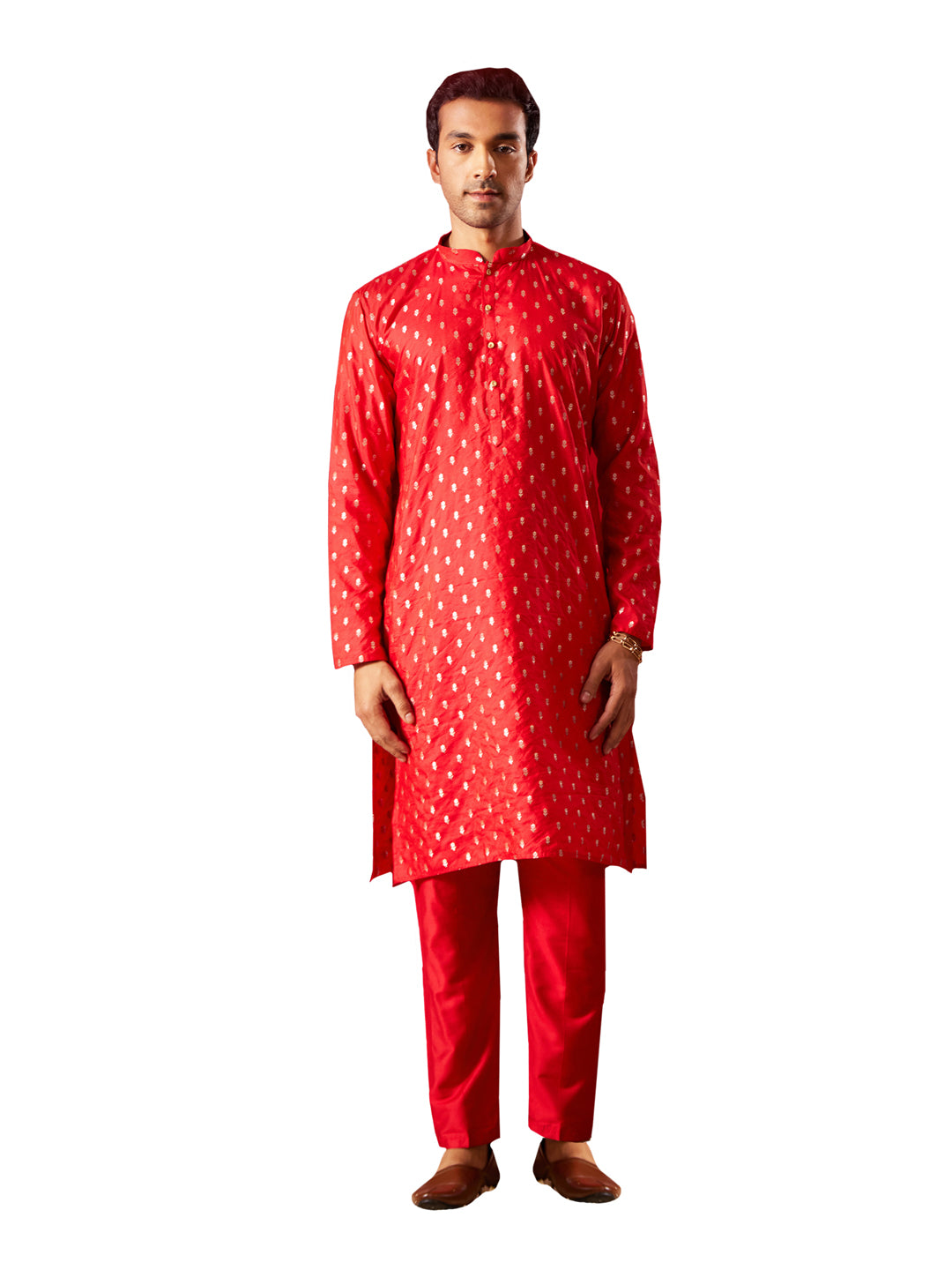 Men's Red Silk Blend Kurta Pyjama Set