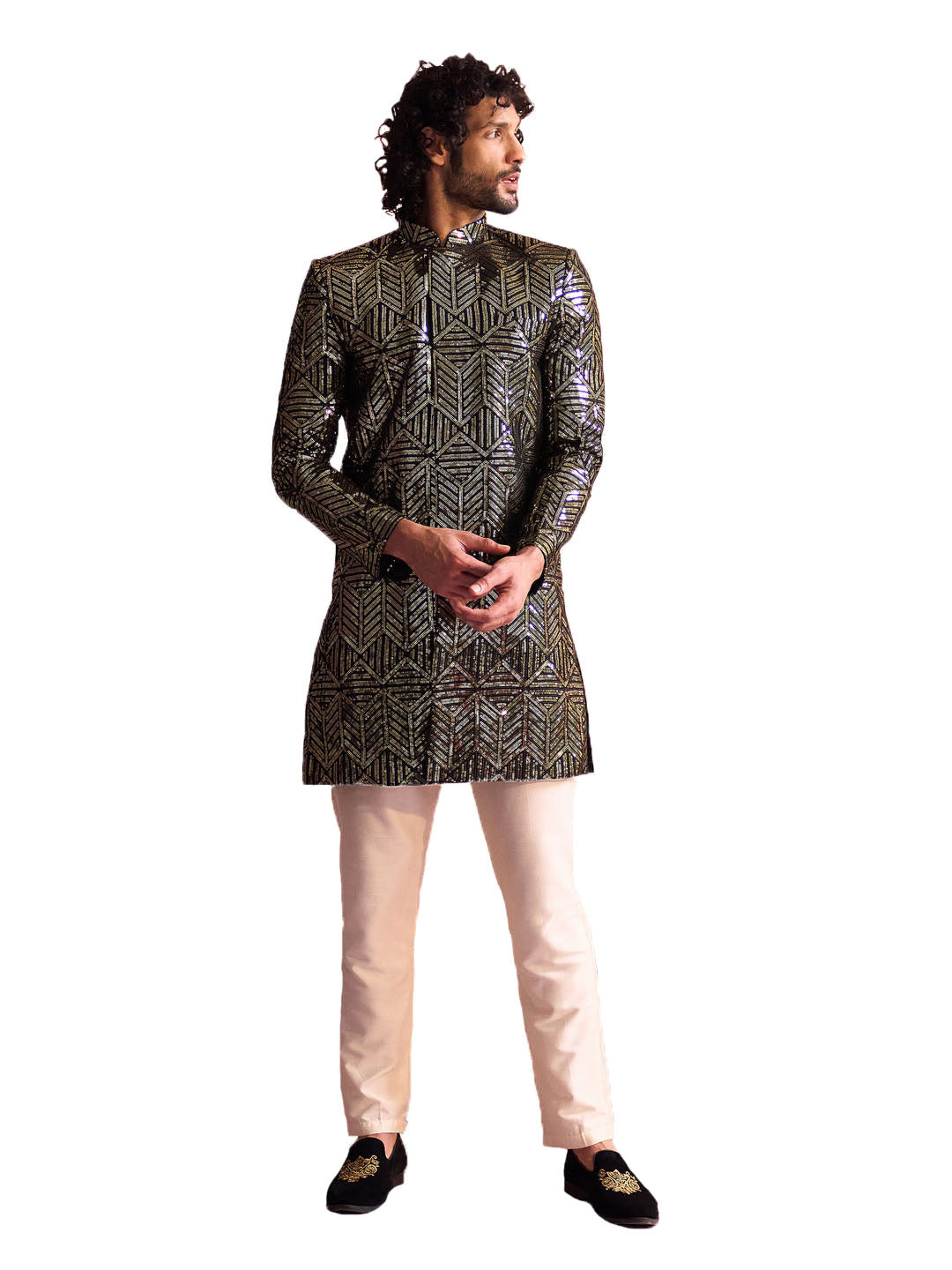 Men's Black And Cream Georgette Sherwani Set