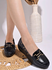 Shoetopia upper Buckle Detailed Black Loafers For Women & Gilrs