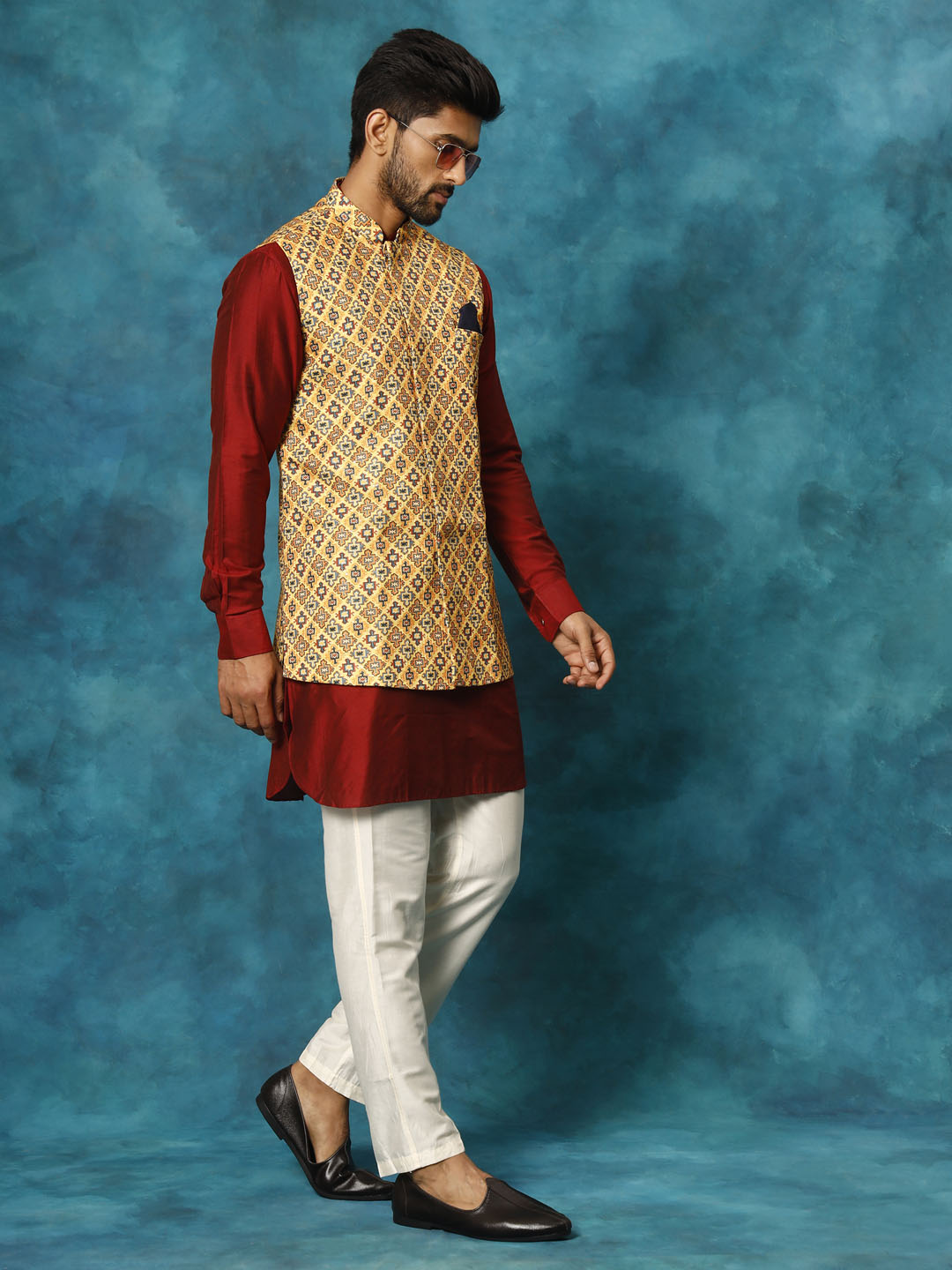 Men's Mustard Yellow, Maroon And Cream Viscose Jacket, Kurta and Pyjama Set