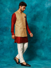 Men's Mustard Yellow, Maroon And Cream Viscose Jacket, Kurta and Pyjama Set