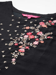 Women Black Thread And Sequins Embroidered Kurta With Bottom And Dupatta