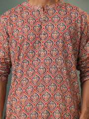 Men's Multicolor Base Red Cotton Kurta