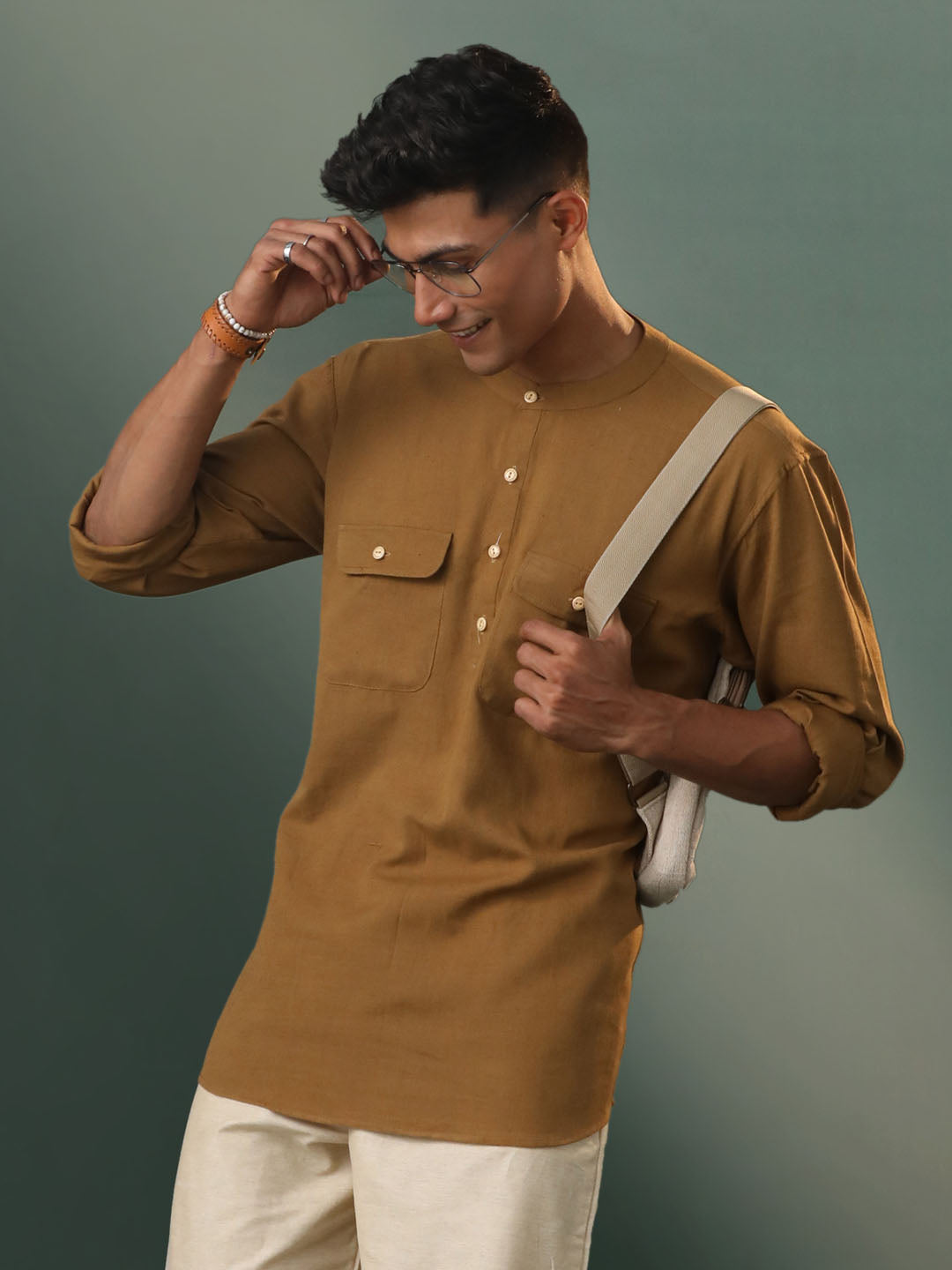 Men's Beige Cotton Short Kurta