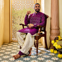 Men's Purple Silk Blend Kurta And Dhoti Set