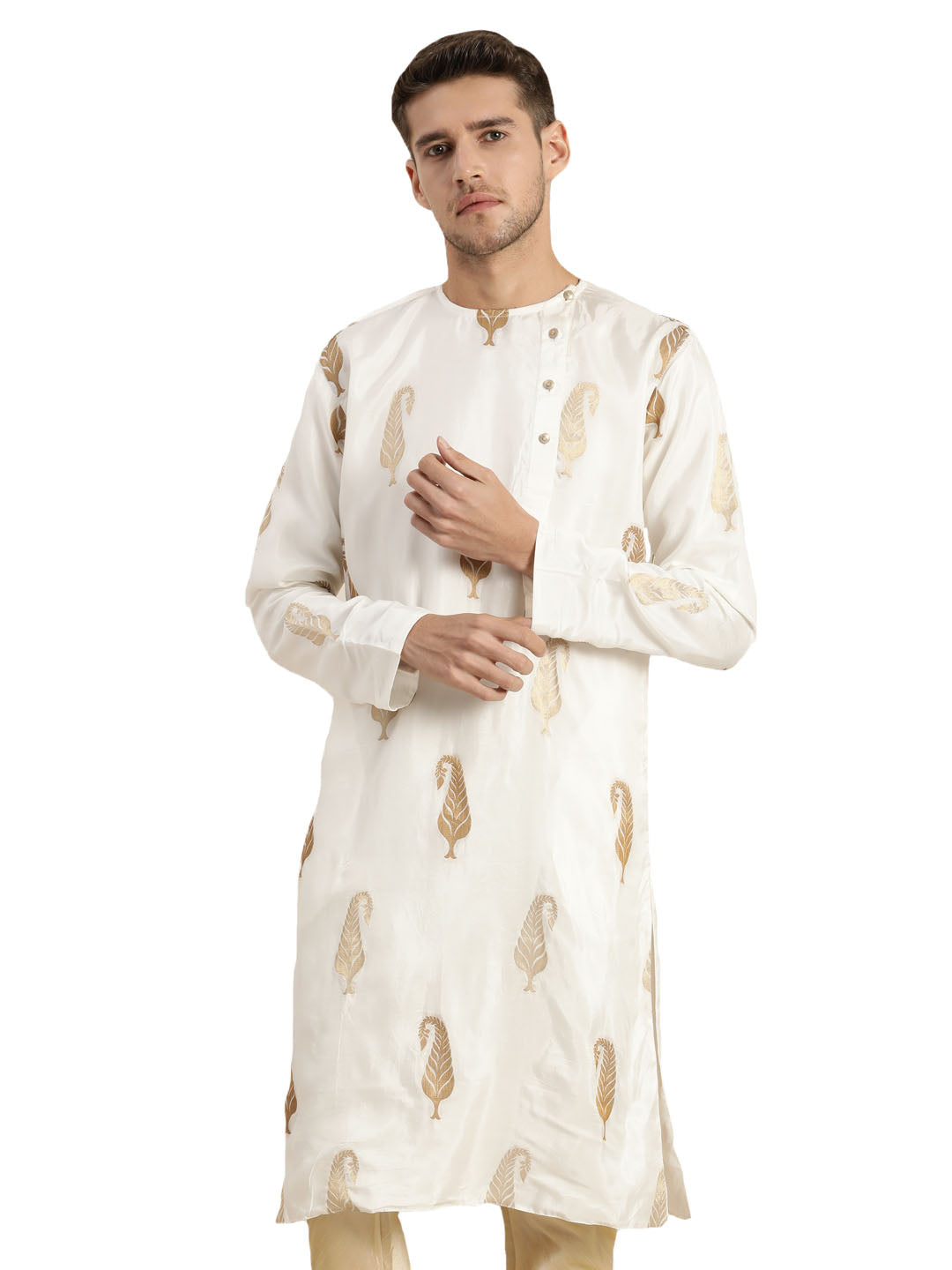 Men's White And Gold Silk Blend Kurta