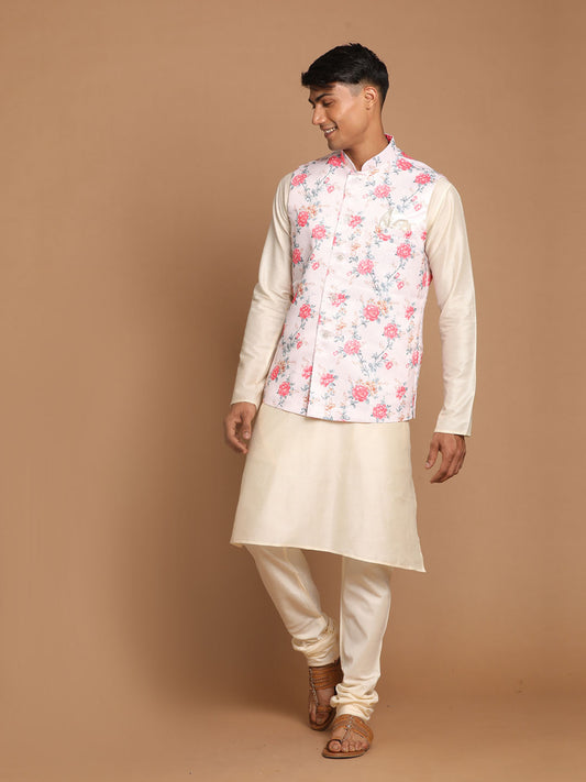 Men's Peach And Cream Viscose Jacket, Kurta and Pyjama Set