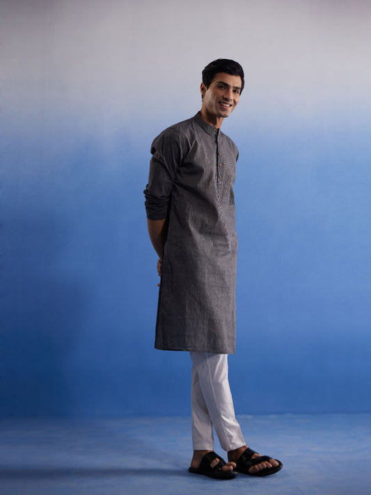 Men's Black And White Pure Cotton Kurta Pyjama Set