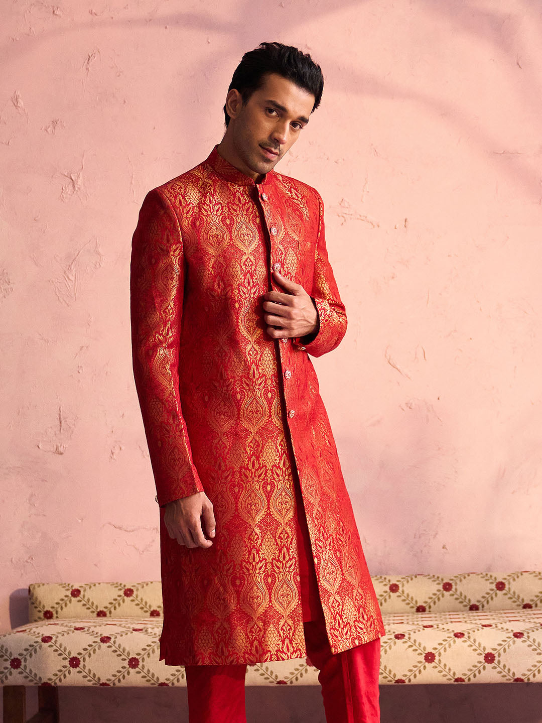 Men's Red Silk Blend Sherwani Only Top