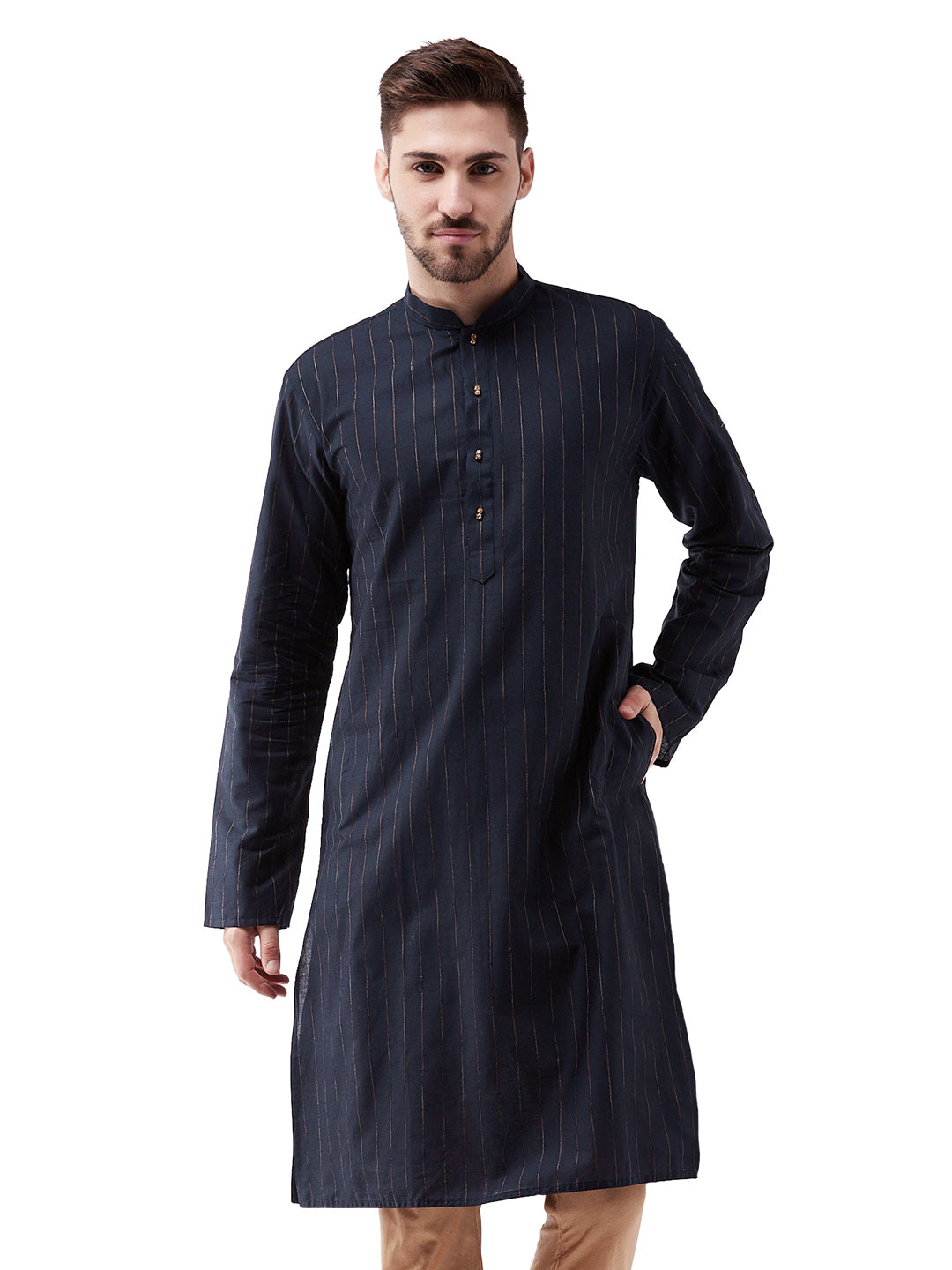 Men's Navy Blue Cotton Blend Kurta